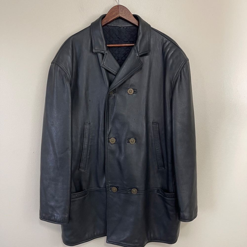 VTG Gianni Versace Mens Black Leather Double Breasted Jacket Coat‎ Italy Size 52
